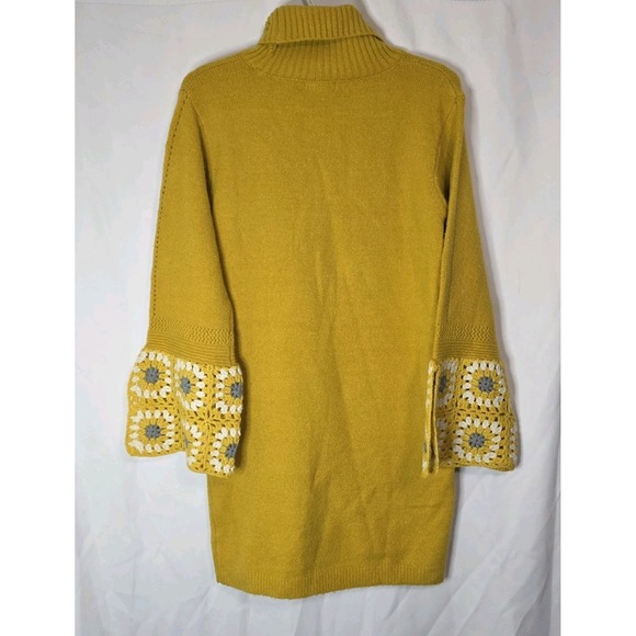 Yellow Crochet Hippie Bell Sleeve Knit Sweater Dress Cozy Cottagecore Boho M - Picture 10 of 11